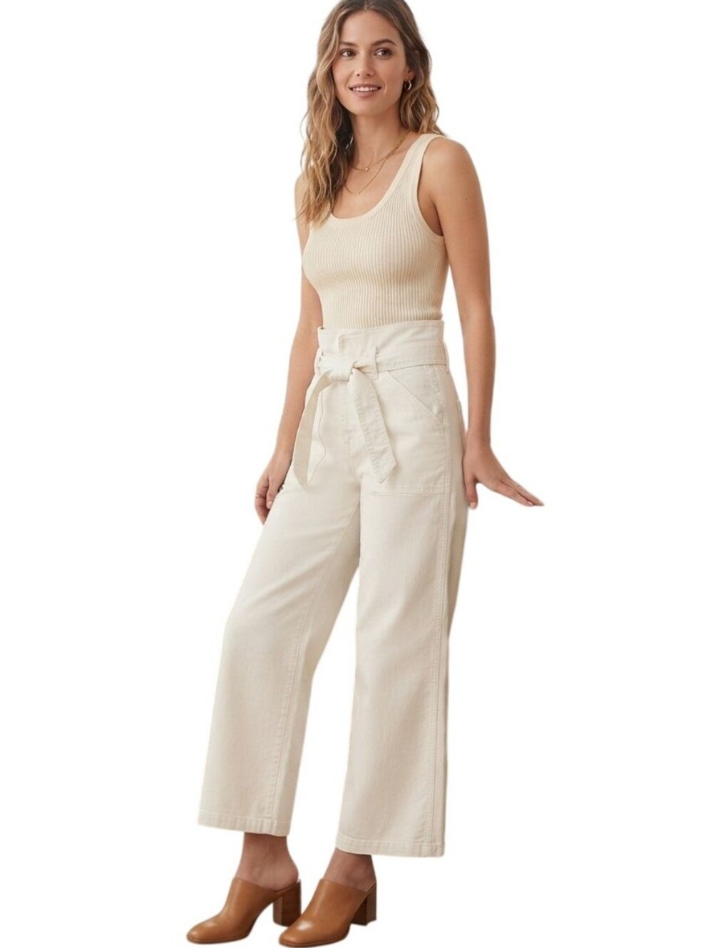 Citizens Of Humanity Noelle Belted Cargo Jeans White Cropped Organic USA Size 23